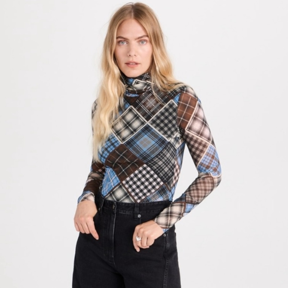 Ganni Plaid Print Rollneck Turtleneck Mesh Blouse